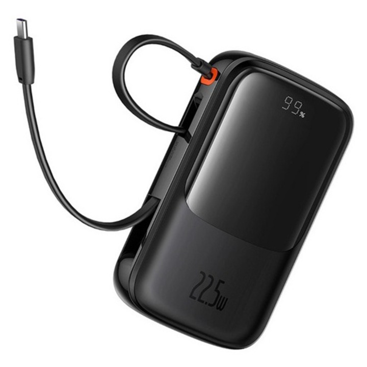 Baseus qpow pro+ vésztöltő usb+2 type-c aljzat, 10000mah, 22.5w, gyorstöltő, led kijelző + fix type-c kábel, fekete