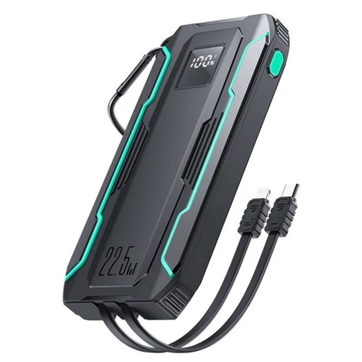 Joyroom vésztöltő usb+type-c aljzat, 10000mah, 22.5w, gyorstöltő, led kijelző + fix type-c+lightning kábel, fekete