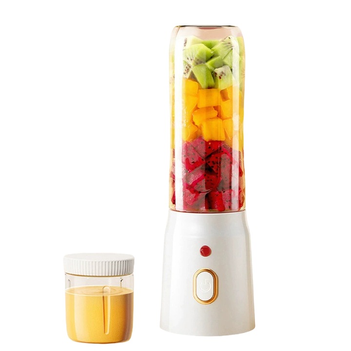 Безжичен блендер и сокоизстисквачка 2 в 1 с две чаши - USB акумулаторна, за смутита и ледени напитки, капацитет 450 мл, 10 остриета, лесен за почистване, цифров дисплей, преносима сокоизстисквачка, блендер за смутита, 1500 mAh, бял