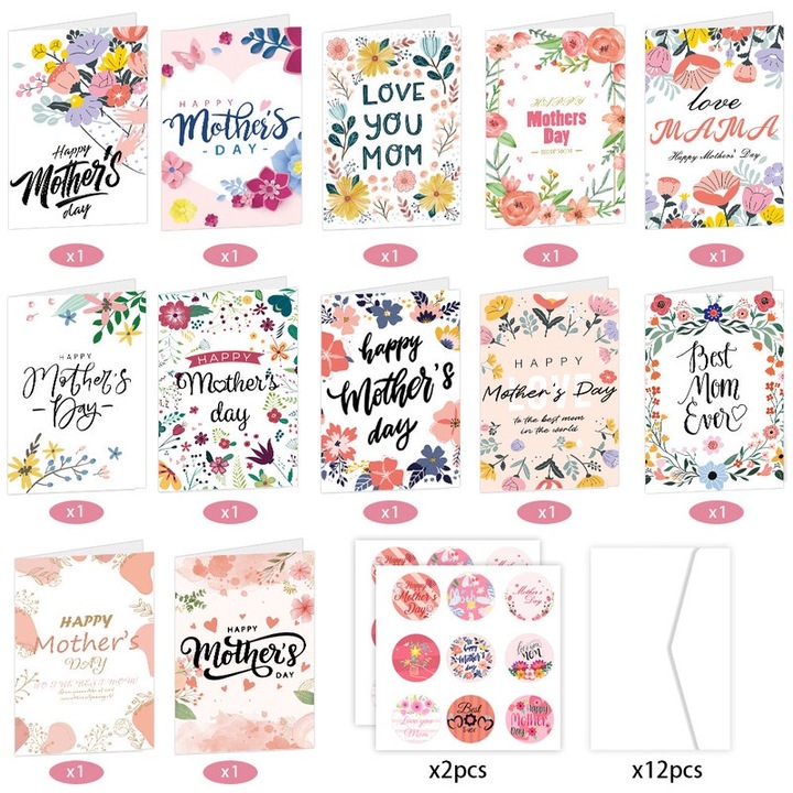 Set de felicitari pentru Ziua Mamei: 12 felicitari, 2 foi de autocolante (18 autocolante) si 12 plicuri