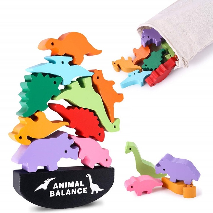 Set Joc Educativ, GITVIENAR, Blocuri cu Dinozauri din Lemn, 3-5 ani, Multicolor, 10x15x22cm