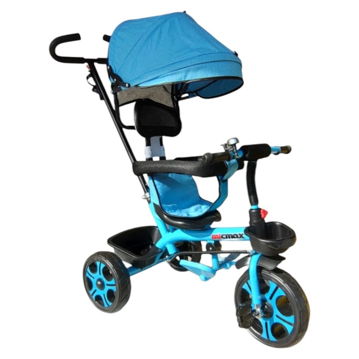 Tricicleta cu copertina detasabila NOVOKIDS™ My first Trike, Roti din spuma cauciucata, Maner de ghidaj pentru parinti, Cadru metalic, Dimensiuni 100X45X90 cm, Albastru