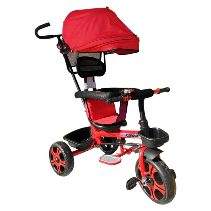 Tricicleta cu copertina detasabila NOVOKIDS™ My first Trike, Roti din spuma cauciucata, Maner de ghidaj pentru parinti, Cadru metalic, Dimensiuni 100X45X90 cm, Rosu
