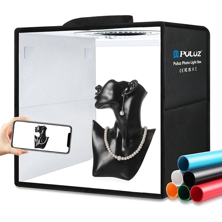 Cutie de fotografiat portabila PULUZ, Portable Photo Studio Light Box, pentru bijuterii si produse, 30x30cm,112 LED-uri,6 fundaluri colorate PVC