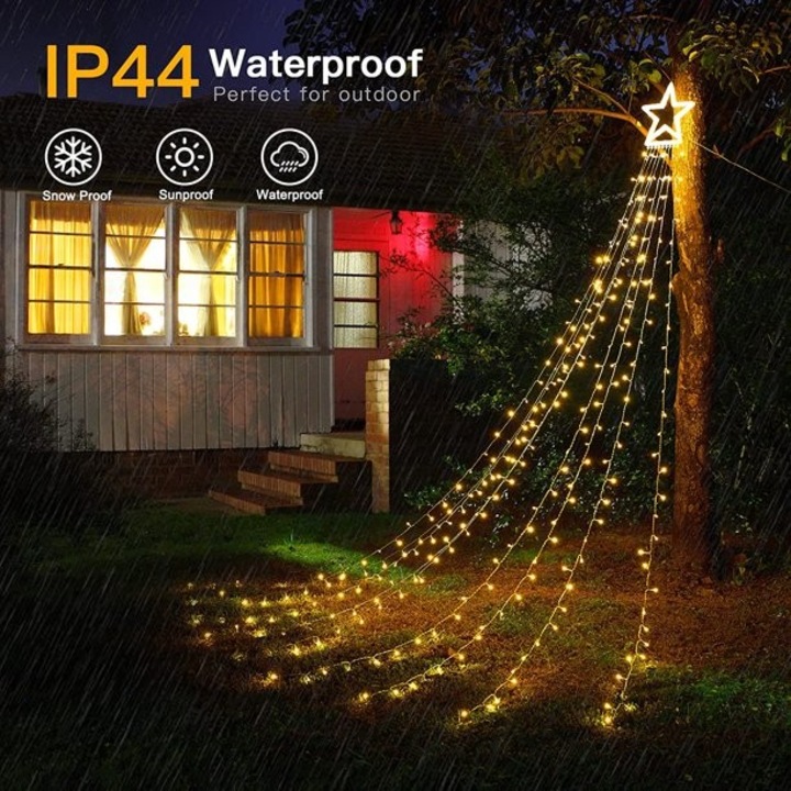 Original - Instalatie luminoasa tip perdea pentru pomul de Craciun, cu stea luminoasa, 350 LED-uri, conectare retea, interior/exterior, lumina calda, Tree Dazzler