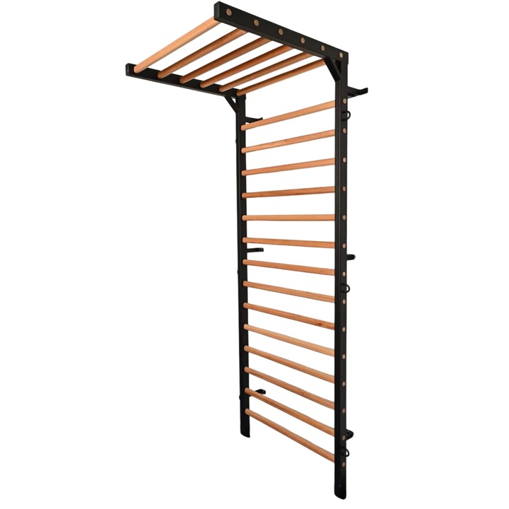 Spalier pentru gimnastica cu lateralele negri, din metal si bare de lemn, 2.4x.0.9 M