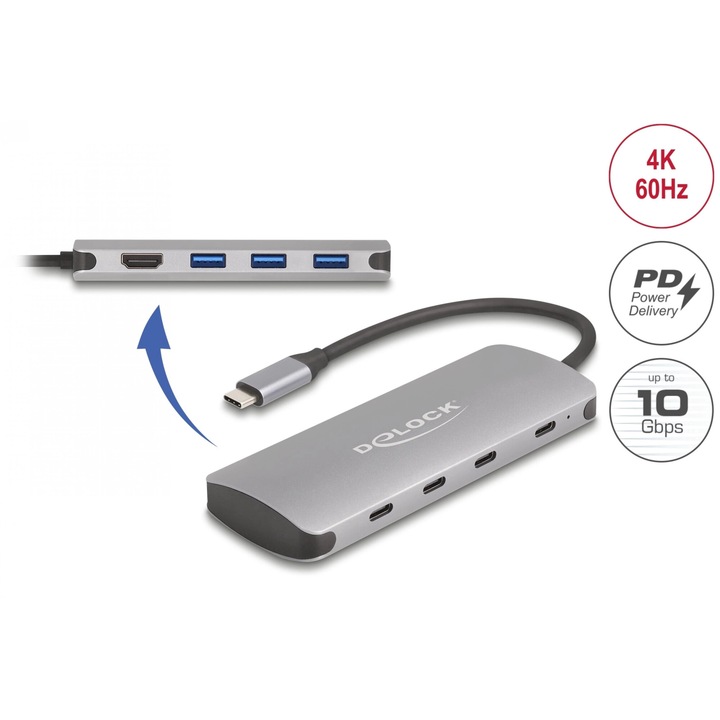 USB 3.2 Type C към HDMI адаптер + 3 x USB-A + 3 x USB-C + PD 90W, Delock 64323