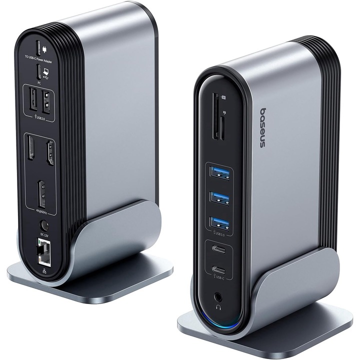 Statie andocare 17-in-1, docking station cu 2 porturi HDMI 4K, 1 x Displayport, USB-C PD, 5 x USB-A, 1 x Ethernet 1 Gbps, slot card SD/TF, functie split screen, pentru Windows si MacOS