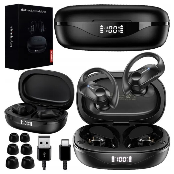 Casti wireless Lenovo LP75, Raza de actiune 35 m, Bluetooth 5.3, Certificare waterproof IPX7, Durata de viata baterie 8h, Frecventa 20 Hz-20kHz, Sensibilitate 98 dB, Timp incarcare 1.5 h, Comenzi prin atingere si asistent vocal, Negru