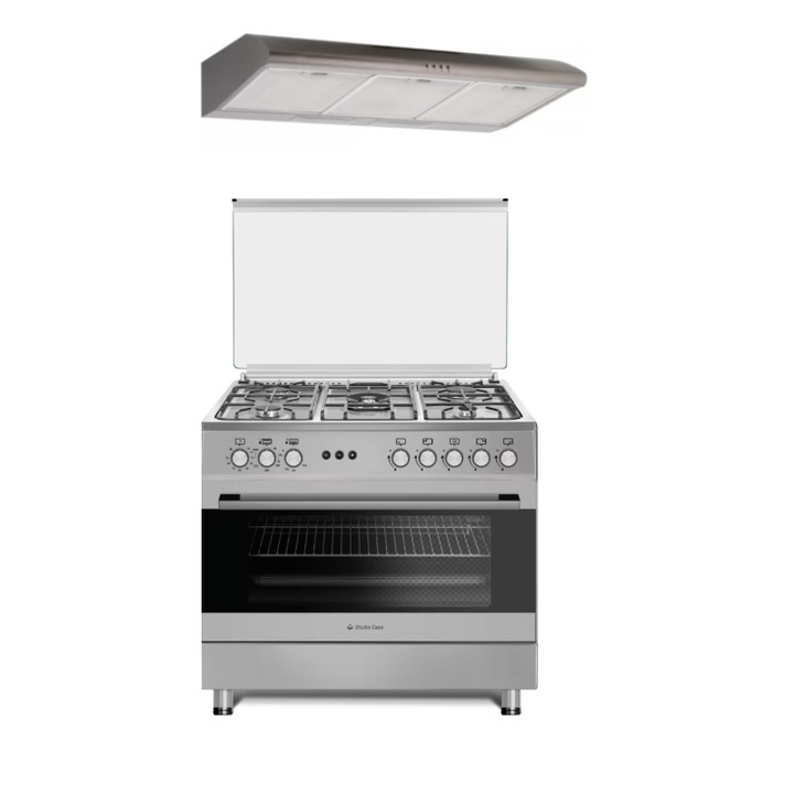 Пакетна газова печка 90 cm Prato Inox Studio Casa, 5 зони за готвене и аспиратор Classic 90 cm неръждаема стомана, газ, уок, грил, механичен таймер, електрическа скара, чугунена скара, двойна вентилация за печене, неръждаема стомана