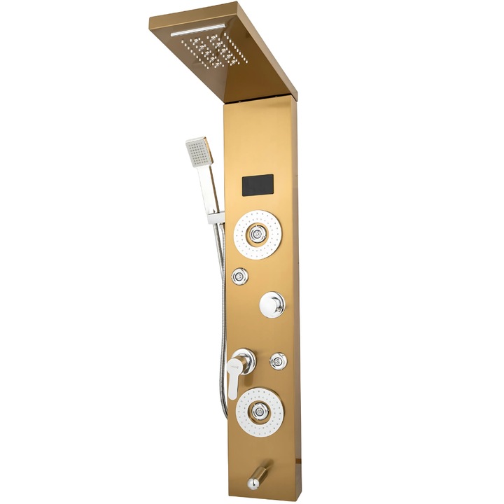 Душ колона JOZY®, първокласен хидромасажен панел, 5 регулируеми функции, дигитален LED дисплей, терапевтични масажни дюзи, издръжлива конструкция от неръждаема стомана, сатенено златно покритие, лесен монтаж