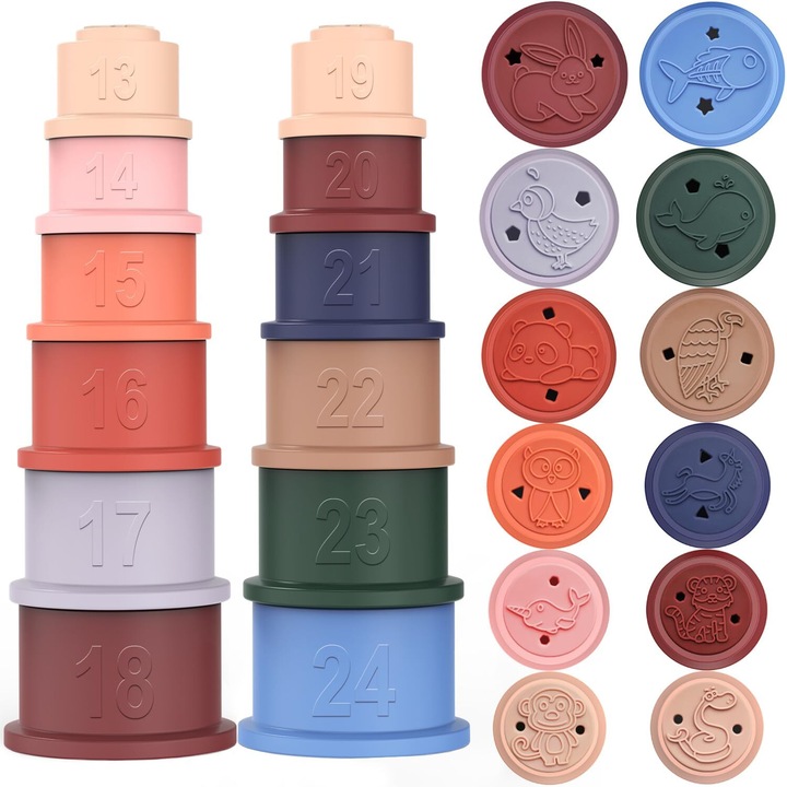 Set Montessori 2 turnuri de sortare, stivuire, jucarii baie si nisip din silicon alimentar, cu elemente senzoriale animale, litere, cifre, dezvoltare timpurie, 12 piese, multicolor