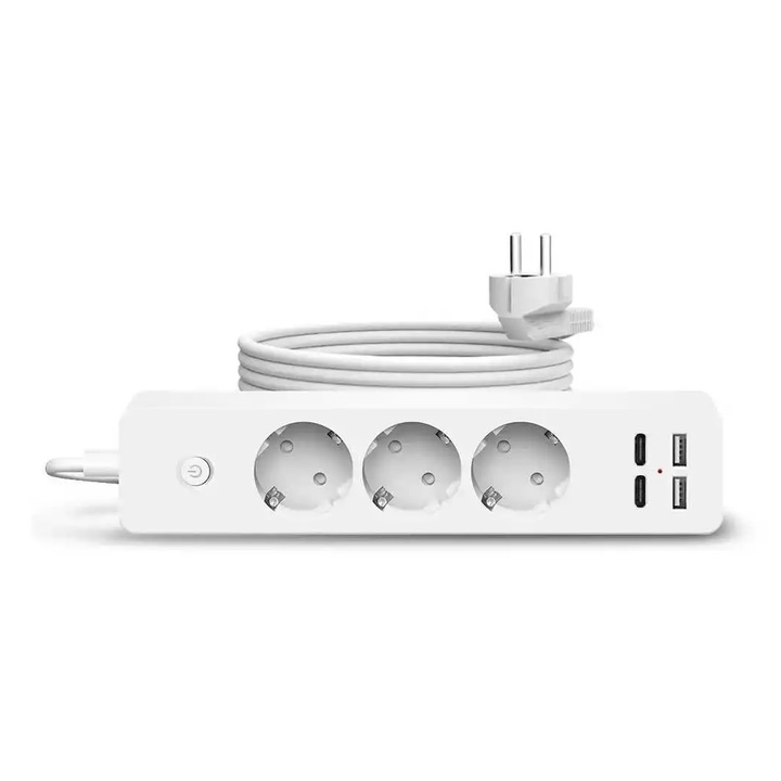 Prelungitor cu 3 prize de maxim 2500W, 2 porturi USB si 2 USB Type-C, Jortan, buton ON/OFF, plastic, 2m lungime, alb