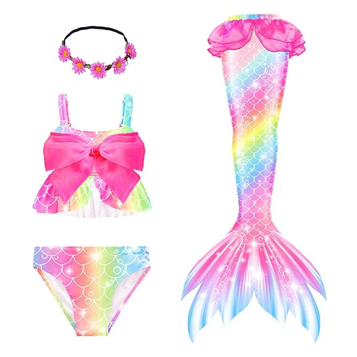 Set 4 piese Costum de baie Sirena, cu banda pentru cap cu flori, Curcubeu