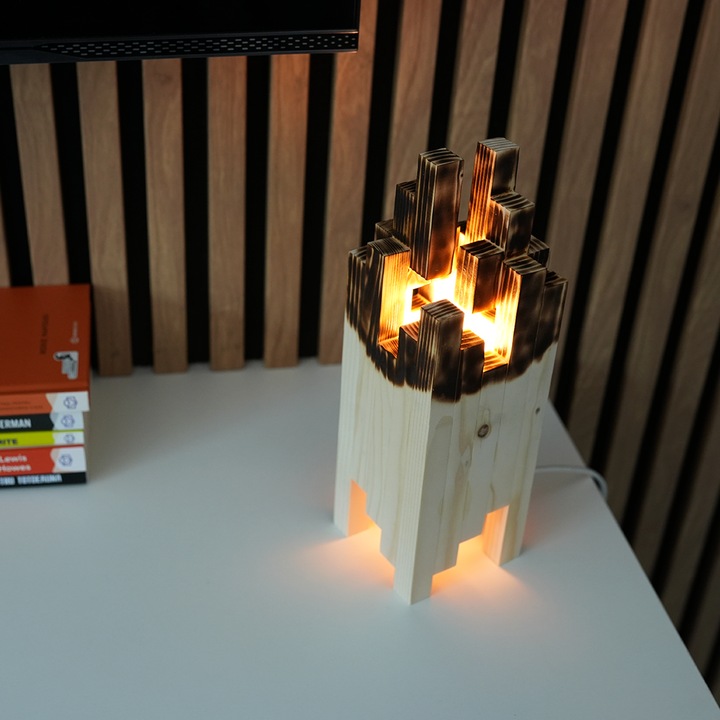 Veioza din Lemn Natural Eco-Friendly, 20cm, pentru birou, dormitor, living sau sufragerie, Lumina calda si relaxanta