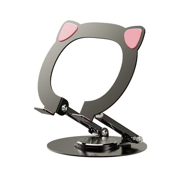 Suport de tableta/telefon in forma de pisica, aluminiu, pivotant 360°, pentru telefoane mobile si tablete, roz