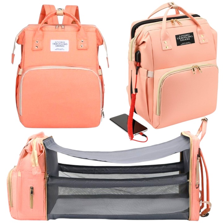 Rucsac pentru mamici, cu patut pliabil, Bretele Reglabile, Buzunar termoizolant, Material Oxford Impermeabil, 42 cm x 32 cm x 22 cm, Roz