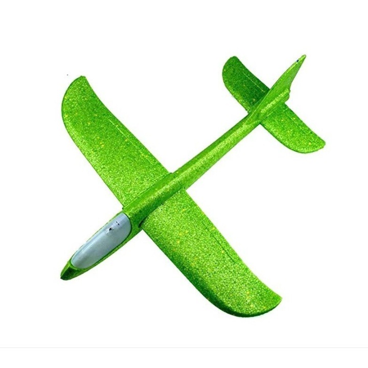 Avion planor din polistiren in punga, lungime 47 cm, Verde, cu lumini pe cap, Leski