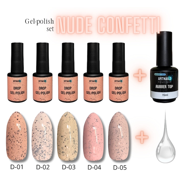 Set Oje Semipermanente NUDE CONFETTI + Rubber Top, 5 oje 5 ml. + Rubber Top 15 ml