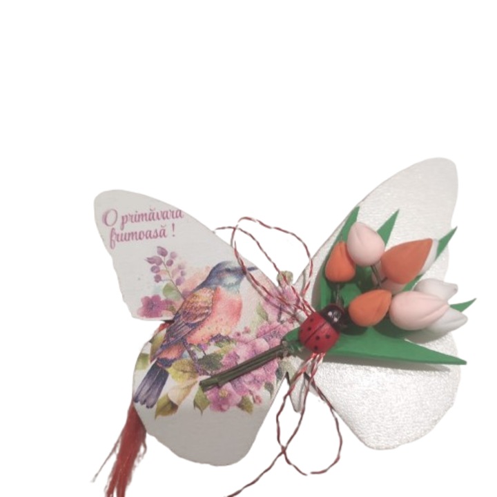 Martisor model inima, lucrat manual cu lalele model 4, cu mesajul: O primavara frumoasa !, 10cm