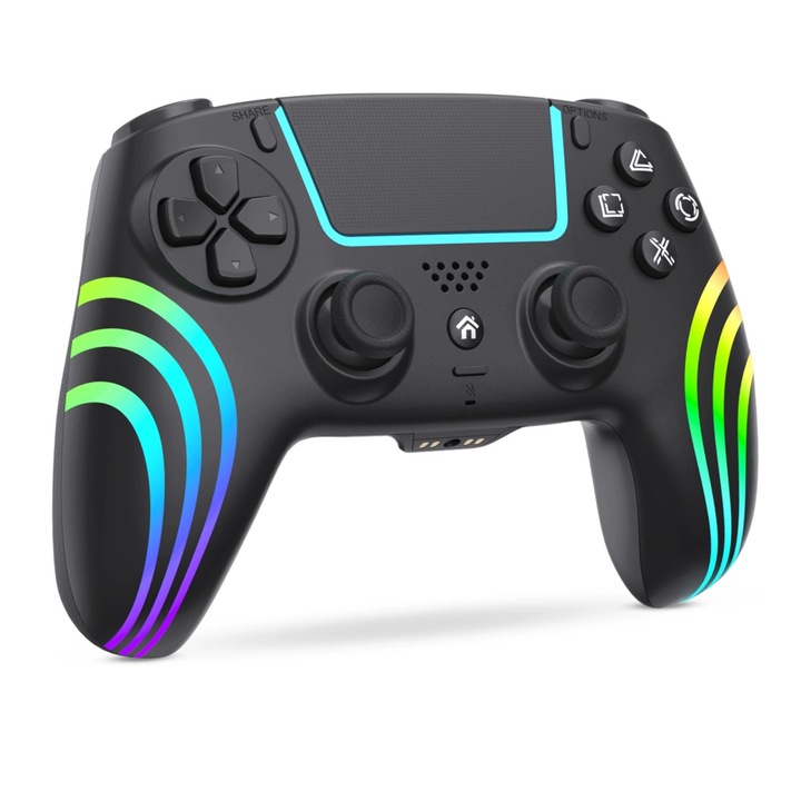 Controler de joc, PS4, tactil, fara fir, RGB, vibratii, 1000mAh, negru