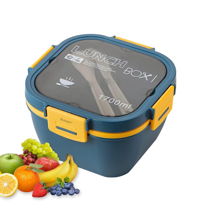 Cutie Alimentara Pranz, 1.7L, Recipient sos, Lingurita si cutit inclus, Caserola cu 4 Compartimente, Albastru-Galben, HAPPY JOKER®