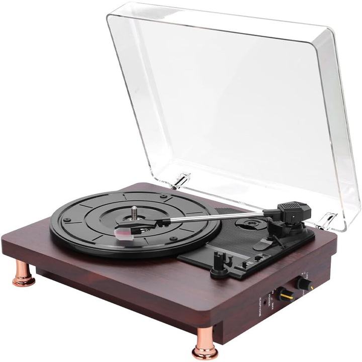 Retro lemezjátszó porvédővel, WALALLA, 33/45/78 RPM, beépített hangszóró, Bluetooth, sötétbarna