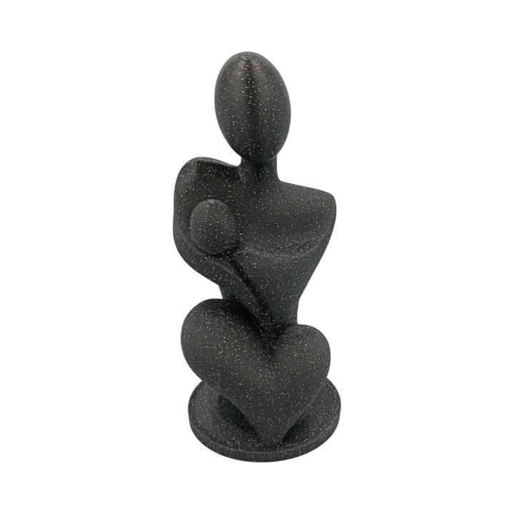 Statueta Minimalista Mama si Copil, Design Modern 3D, Bioplastic Premium Eco-Friendly, Negru Glitter, Cadou pentru Proaspete Mamici, 150x69x67 mm