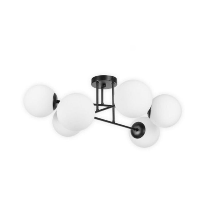Lustra Cojom Brato 6NAB, metal negru, abajururi sticla, alb mat,6XE27