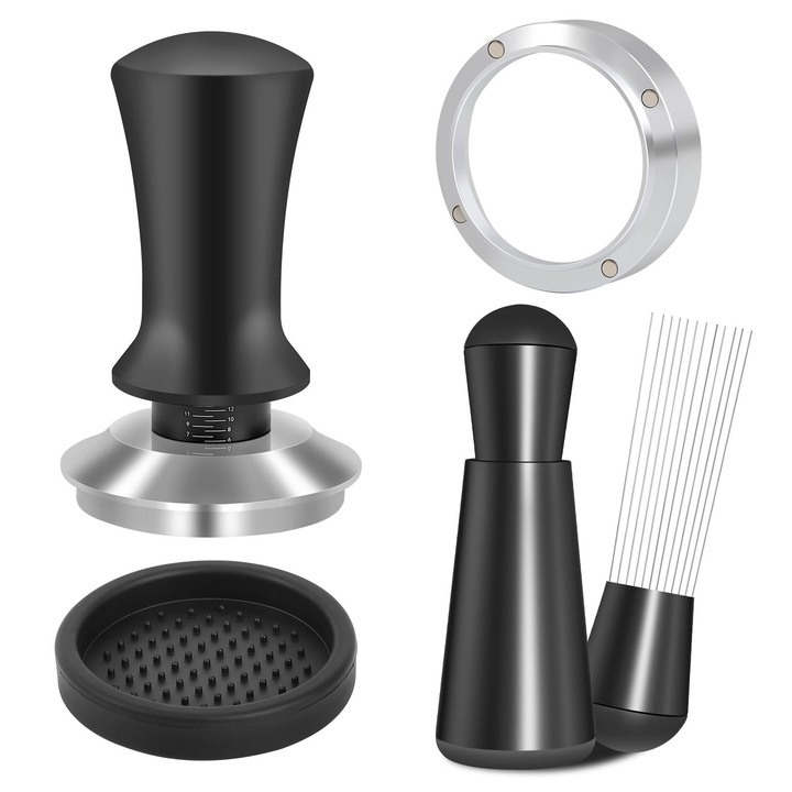 Set 4 accesorii espresso, amper calibrat cu arc, set de instrumente WDT si palnie de dozare Se potriveste masinilor de cafea espresso si portafiltre de 51 mm, silicon/inox, WALALLA, Negru/argintiu