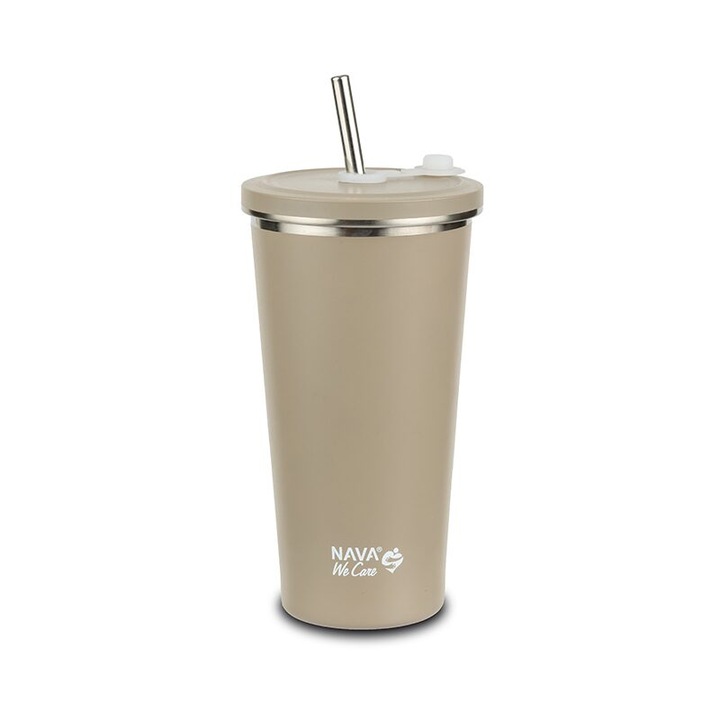 Cana termica Nava We care din inox 18/8 ss304, cu pai din otel inoxidabil, fara BPA, PVC, ftalati, 520 ml, Bej