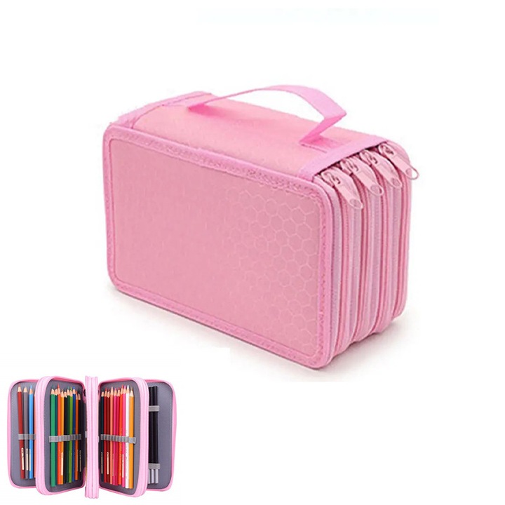 Nagy kapacitású tolltartó, 72 rekesszel, 4 rétegű rendezővel, Oxford anyagból, kompakt kialakítás, 20x12,5x8,3 cm, rózsaszín