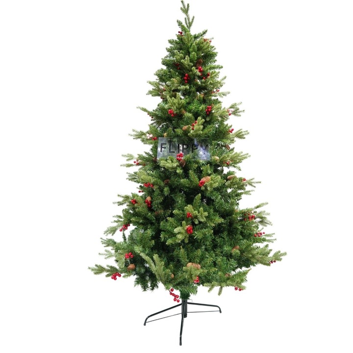 Brad artificial de Craciun, decorat cu conuri pin rosii, inaltime 210 cm, diametru 137 cm, 1172 ramuri, Leski, verde, suport metalic inclus