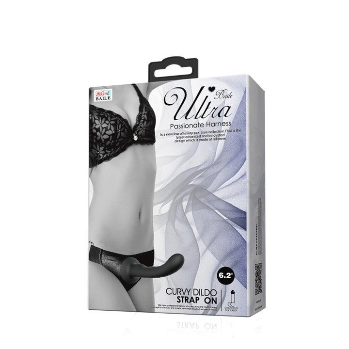 Strap-On Ultra Passionate Harness, Chiloti Reglabili din Imitatie Piele, Dildo Negru din Silicon, Curba, Design Ergonomic