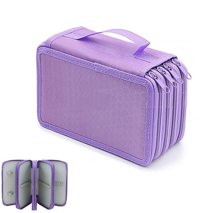 Несесер за моливи с голям капацитет, 72 отделения, 4-слоен органайзер, материал Оксфорд, компактен дизайн, 20x12.5x8.3 см, лилав