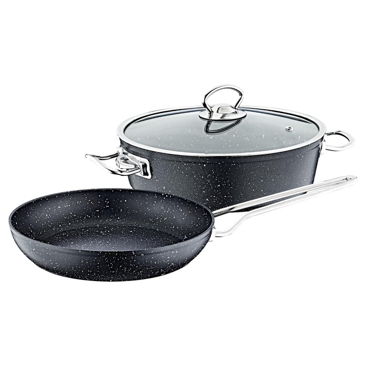 Set tigaie si cratita 3 piese OMS, aluminiu/granit, negru