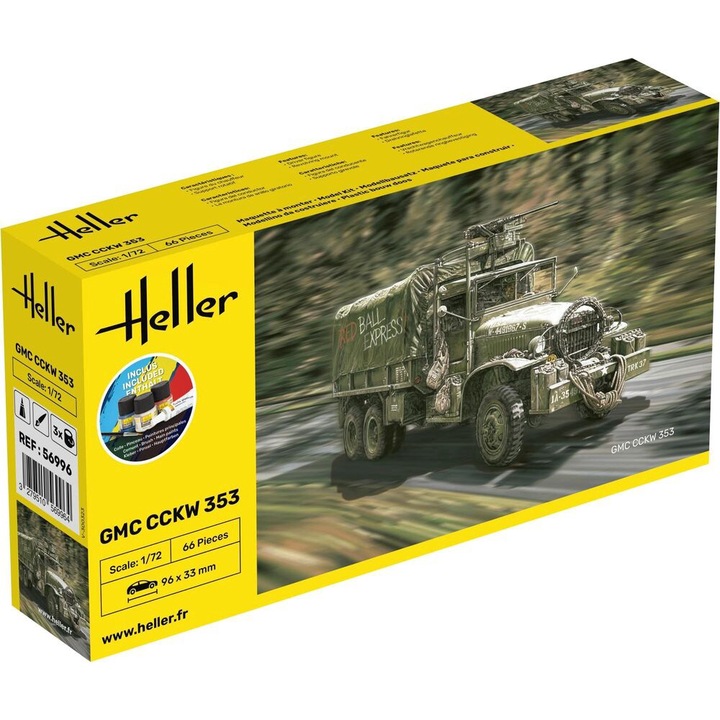 Kit Macheta Militara de construit Heller US General Motors GMC CCKW 352 cu vopseluri pensula si adeziv 1:72 HELL 56996