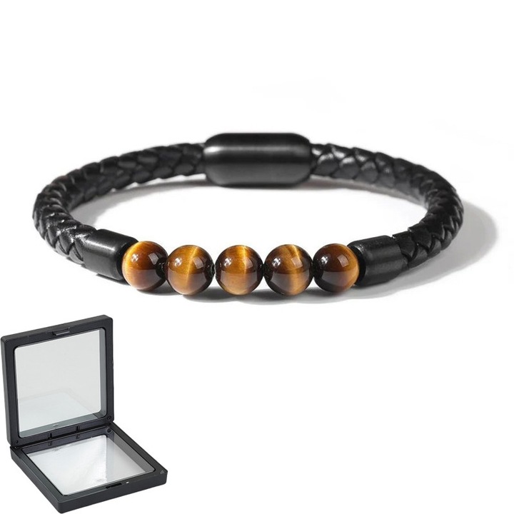 Férfi karkötő, fonott bőrből, természetes tigrisszem kövekkel, fekete