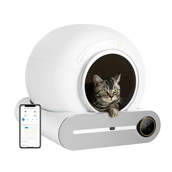 Автоматична котешка тоалетна, AHA PRINT, Smart, управление с мобилно приложение, система за самопочистване, мащаб, стерилизация, премахване на неприятните миризми, инфрачервени сензори за околната среда, сензорен дисплей, безшумен, 9L, бял