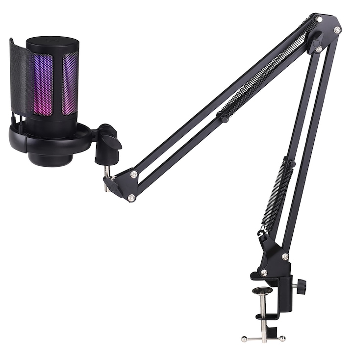 Професионален RGB кондензаторен микрофон за игри, YouTube, мащабиране, поточно предаване, функция за заглушаване, намаляване на шума, регулируемо рамо, изскачащ филтър, съвместим с PC, Mac, PS4, PS5, черен