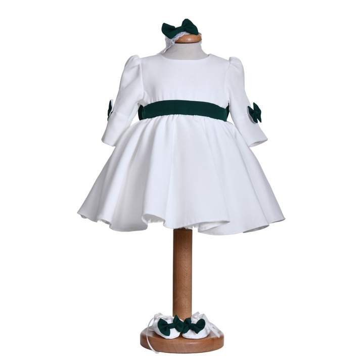 Rochita alba cu fundite verzi, botosei si bentita pentru botez fetita, 6 - 9 luni, Denikos NK36