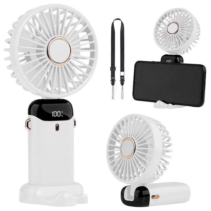 Ventilator portabil de mana DOUUCO, Ventilator alimentat cu baterie cu baza, 8 ore, afisaj digital, 5 viteze, ajustabil la 90°, mini ventilator reincarcabil pentru exterior interior, alb