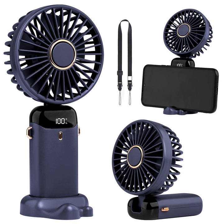 Ventilator multifunctional 5in1 DOUUCO, cu suport pentru telefon, 5 viteze, autonomie 8h, culoare albastru