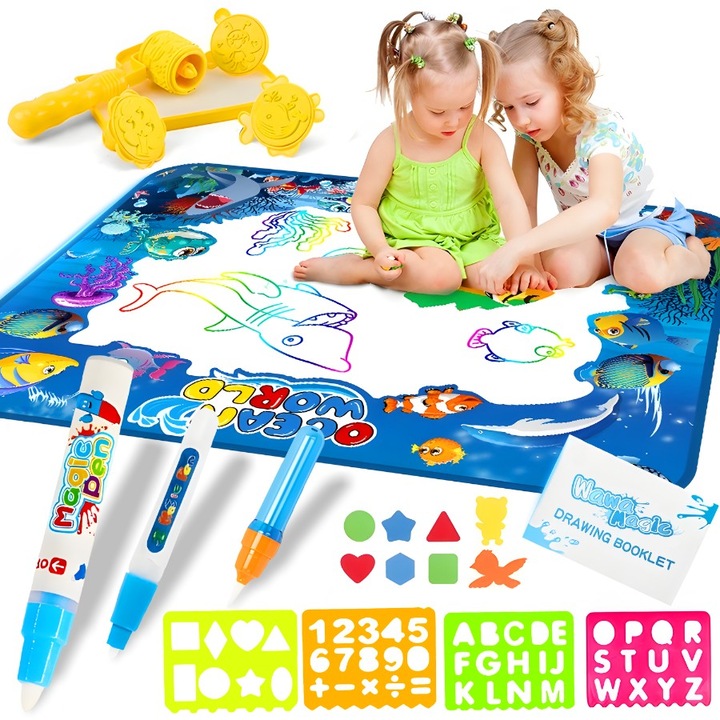 Covor Magic de Desen cu Apa XXL RETOO SmartKids, pentru Copii, 2 Markere, 1 Pensule, 4 Sabloane, 3 Timbre, Jucarie Educationala si Creativa, Refolosibil, 2-6 ani, 100x80 cm