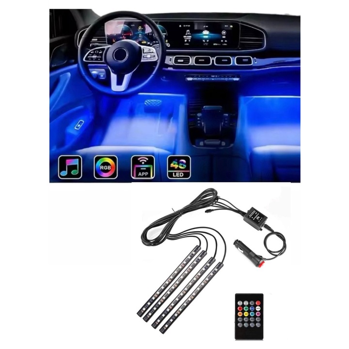 Lumini Ambientale Auto, AutoREY® Premium, Set 4 Benzi LED RGB Pentru Interior Auto, 12 LED-uri Per Banda, Telecomanda Cu 8 Culori Si Intensitate Reglabila, Alimentare 12V, Efecte Luminoase Moderne, Instalare Usoara, Compatibile Cu Masini Camioane SUV