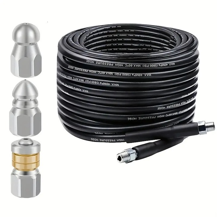 Kit curatare tevi de canalizare pentru aparat de spalat cu presiune cu 3 duze, conector 1/4", 3 m, 345 bar