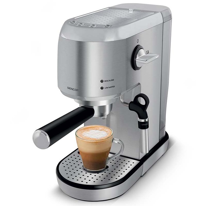 Espressor Manual Sencor, Putere 1400 W, Presiune de Lucru 20 Bar, Rezervor de 1.5 L, Dispozitiv spumare, Culoare Argintiu