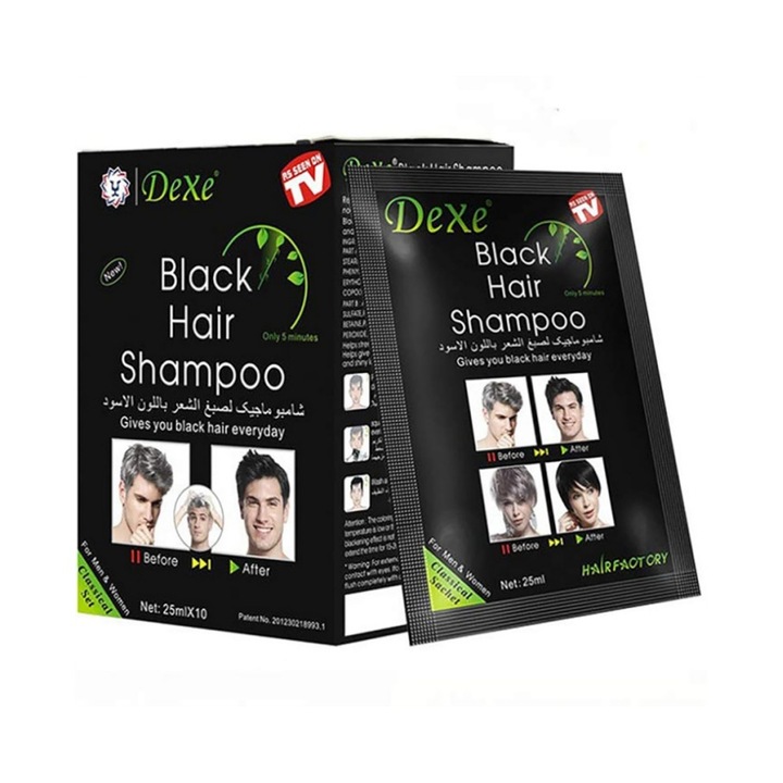 Sampon nuantator Dexe, 10 plicuri x 25ml, negru, pentru par alb