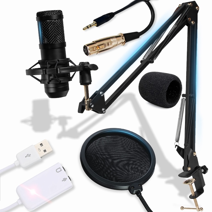 Студиен кондензаторен микрофон RETOO TechPro, USB и жак, кардиоидна насоченост, 20Hz-20kHz обхват, -34dB чувствителност, макс. SPL 130dB, 1,8m кабел, Plug & Play, изскачащ филтър, регулируема стойка, идеален за игри, подкасти, стрийминг и запис