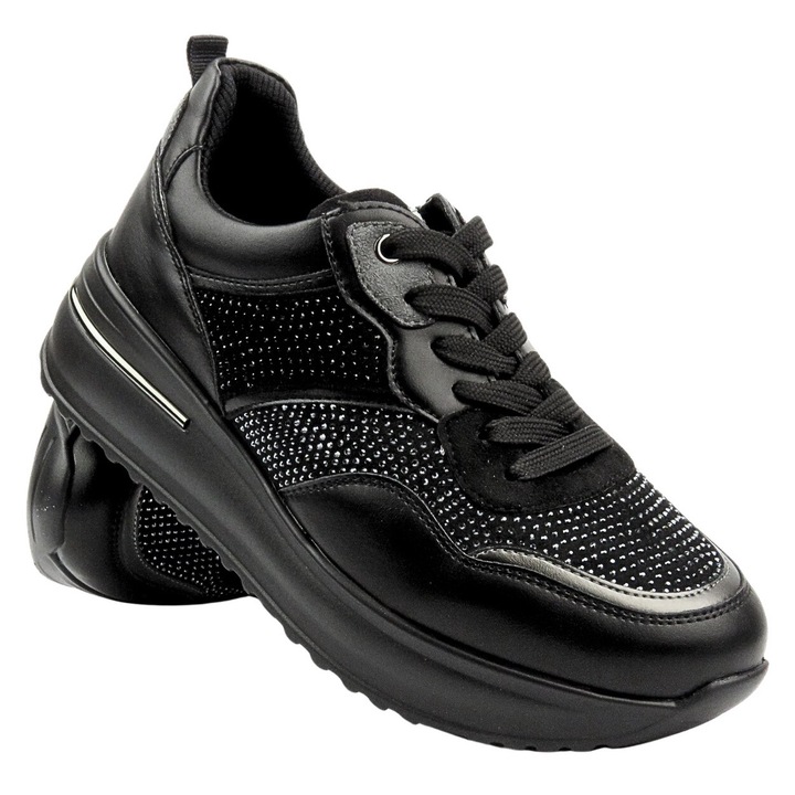 Tenisi dama, INBLU, cu cristale, negru, piele ecologica